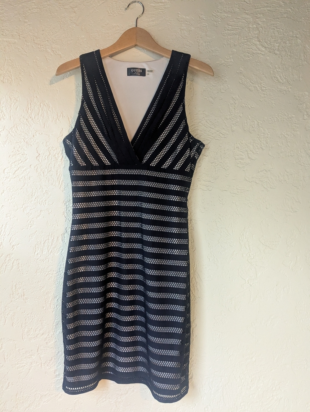 GUESS Navy and White V-Neck Eyelet Dress
